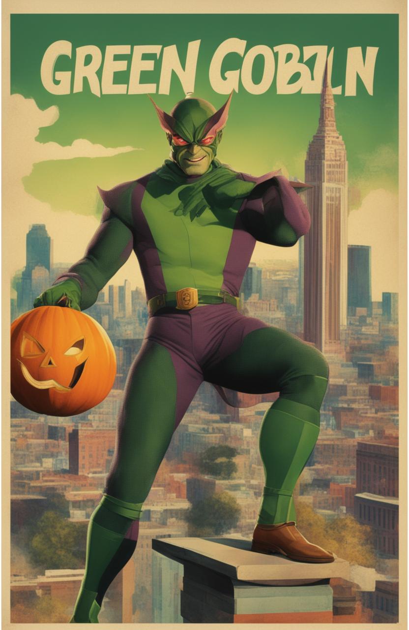 A 32k resolution vintage style poster of the Green Goblin from Marvel, printed on a 200mm vinyl medium