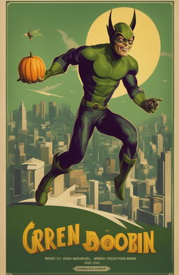 A 32k resolution vintage style poster of the Green Goblin from Marvel, printed on a 200mm vinyl medium