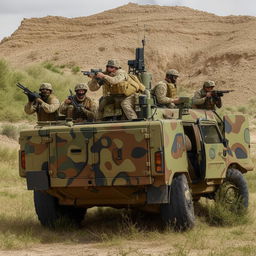 5 combatants in military fatigue, armed with assault rifles, missile launcher and radio in a rugged terrain vehicle