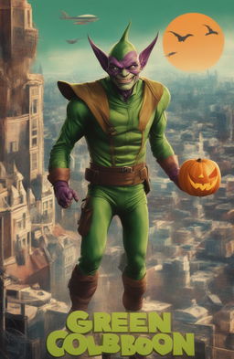 A 32k resolution vintage style poster of the Green Goblin from Marvel, printed on a 200mm vinyl medium