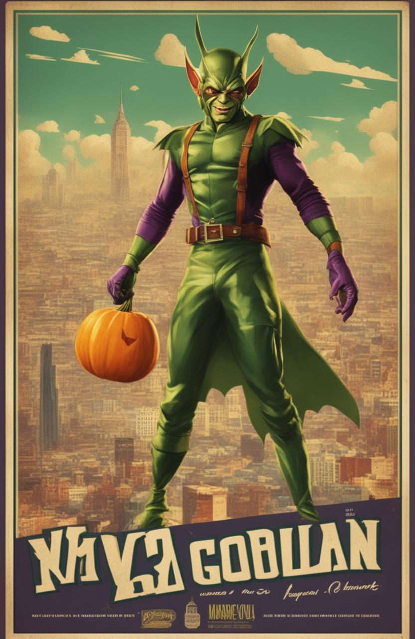 A 32k resolution vintage style poster of the Green Goblin from Marvel, printed on a 200mm vinyl medium