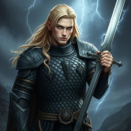 A masculine male Aasimar Blood Hunter clad in intricately designed scale mail armor, showcasing both strength and elegance