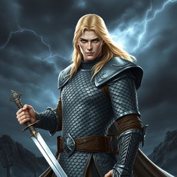 A masculine male Aasimar Blood Hunter clad in intricately designed scale mail armor, showcasing both strength and elegance