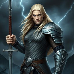 A masculine male Aasimar Blood Hunter clad in intricately designed scale mail armor, showcasing both strength and elegance
