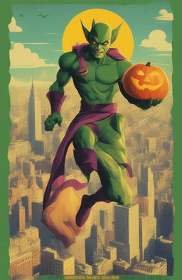 A 32k resolution vintage style poster of the Green Goblin from Marvel, printed on a 200mm vinyl medium