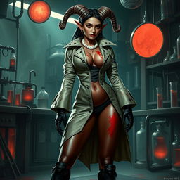 A captivating female tiefling mad scientist showcases her unique features with crooked spiral horns adorning her head