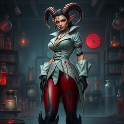 A captivating female tiefling mad scientist showcases her unique features with crooked spiral horns adorning her head
