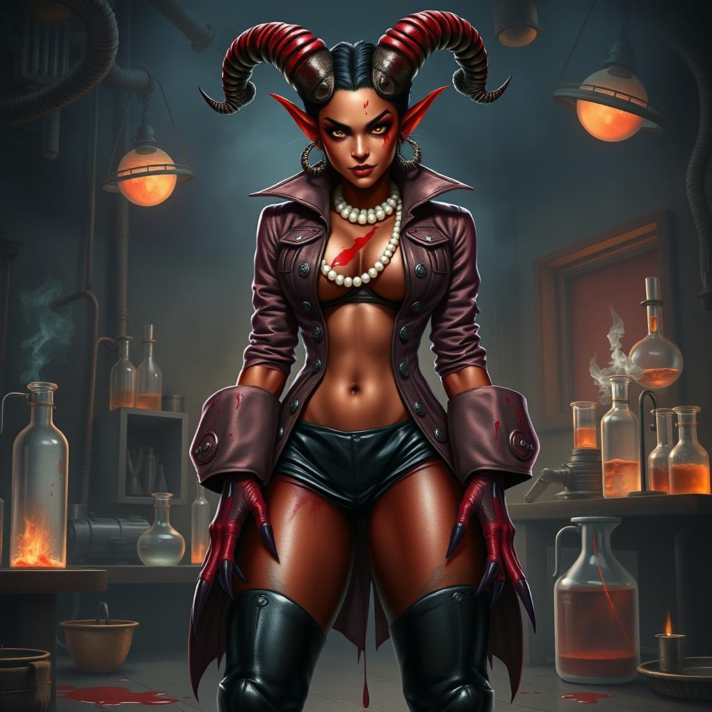 A captivating female tiefling mad scientist showcases her unique features with crooked spiral horns adorning her head