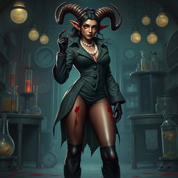 A captivating female tiefling mad scientist showcases her unique features with crooked spiral horns adorning her head