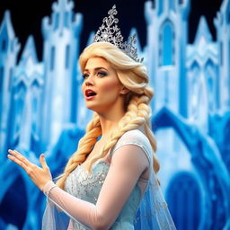 An actress portraying Elsa from Frozen on a Broadway stage