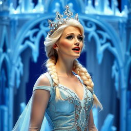 An actress portraying Elsa from Frozen on a Broadway stage