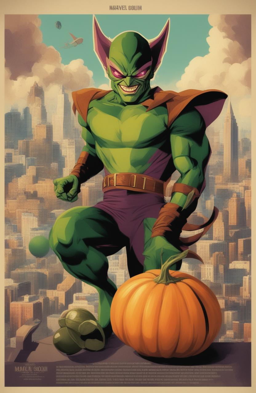 A 32k resolution vintage style poster of the Green Goblin from Marvel, printed on a 200mm vinyl medium