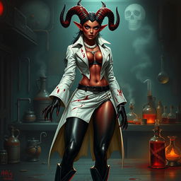 A striking female tiefling mad scientist with crooked spiral horns exudes an aura of dark brilliance