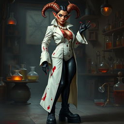 A striking female tiefling mad scientist with crooked spiral horns exudes an aura of dark brilliance