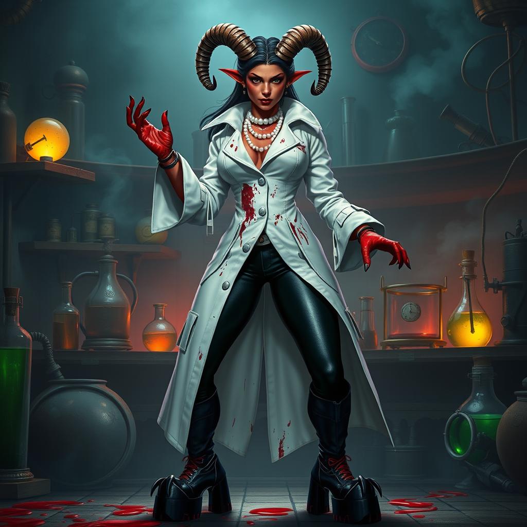 A striking female tiefling mad scientist with crooked spiral horns exudes an aura of dark brilliance