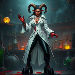 A striking female tiefling mad scientist with crooked spiral horns exudes an aura of dark brilliance