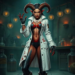 A striking female tiefling mad scientist with crooked spiral horns exudes an aura of dark brilliance