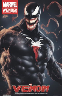 A high-definition digital art image of a vintage Marvel Legends poster featuring Venom, designed to resemble a glossy vinyl record cover