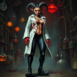 An intriguing female tiefling mad scientist with crooked spiral horns stands confidently in her domain