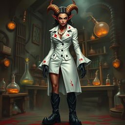An intriguing female tiefling mad scientist with crooked spiral horns stands confidently in her domain