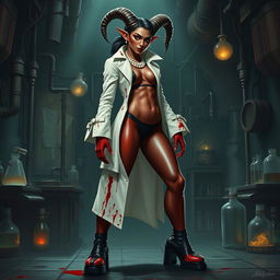 An intriguing female tiefling mad scientist with crooked spiral horns stands confidently in her domain