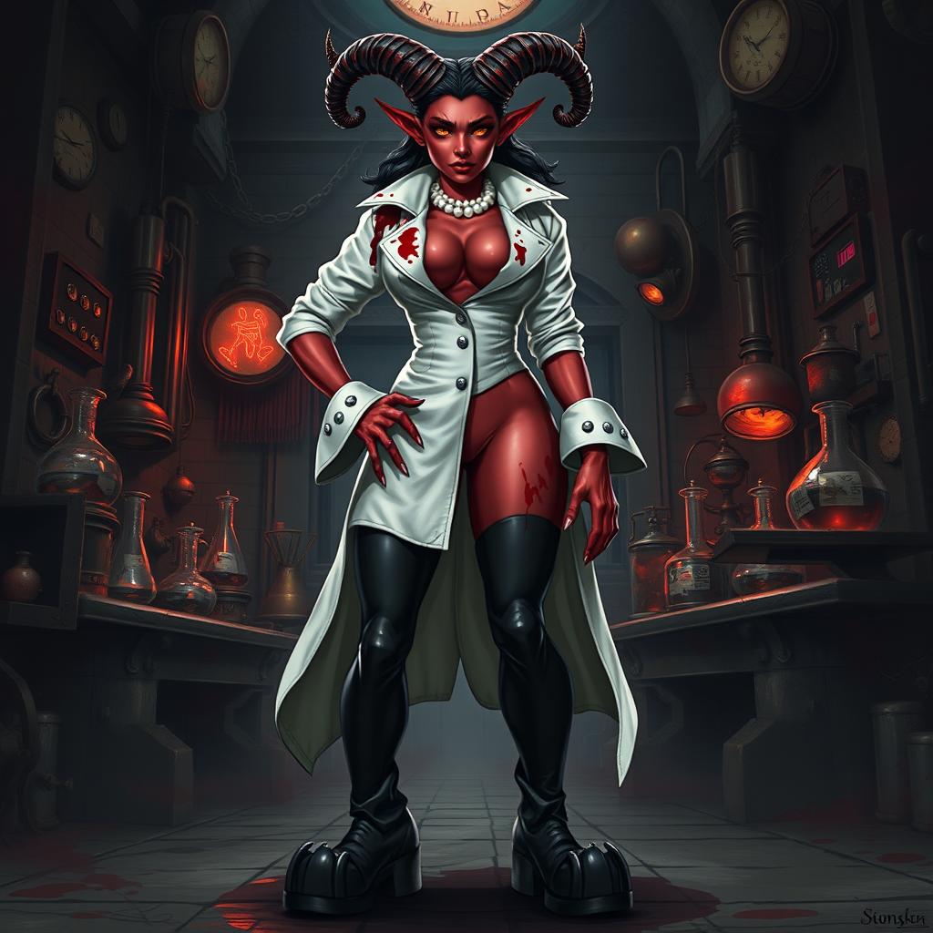 An intriguing female tiefling mad scientist with crooked spiral horns stands confidently in her domain