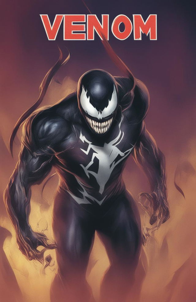 A high-definition digital art image of a vintage Marvel Legends poster featuring Venom, designed to resemble a glossy vinyl record cover