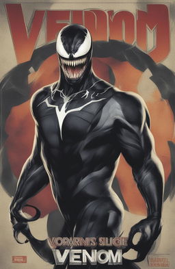 A high-definition digital art image of a vintage Marvel Legends poster featuring Venom, designed to resemble a glossy vinyl record cover