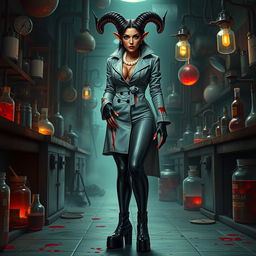 An intriguing female tiefling mad scientist with crooked spiral horns stands confidently in her chaotic laboratory