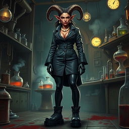 An intriguing female tiefling mad scientist with crooked spiral horns stands confidently in her chaotic laboratory