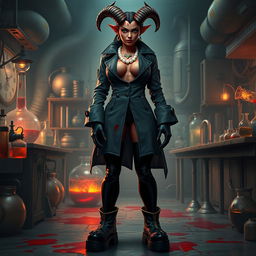 An intriguing female tiefling mad scientist with crooked spiral horns stands confidently in her chaotic laboratory