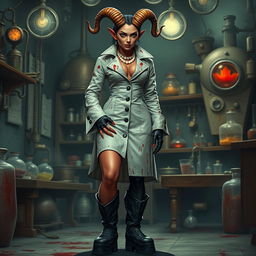 An intriguing female tiefling mad scientist with crooked spiral horns stands confidently in her chaotic laboratory