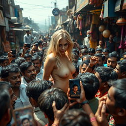 A female model with blonde hair, nude, surrounded by an Indian male crowd in a bustling, crowded Indian market, filled with vibrant colors and various stalls selling items