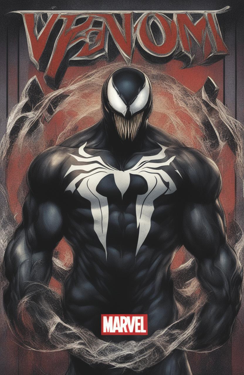 A high-definition digital art image styled as a vintage Marvel Legends poster, featuring Venom, designed to resemble a glossy vinyl record cover