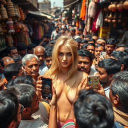 A female model with blonde hair, nude, surrounded by an Indian male crowd in a bustling, crowded Indian market, filled with vibrant colors and various stalls selling items