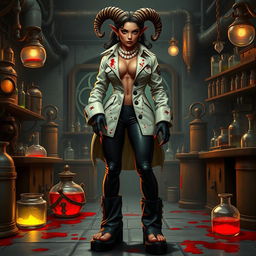 A captivating female tiefling mad scientist with crooked spiral horns stands confidently in her chaotic laboratory
