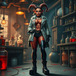 A captivating female tiefling mad scientist with crooked spiral horns stands confidently in her chaotic laboratory