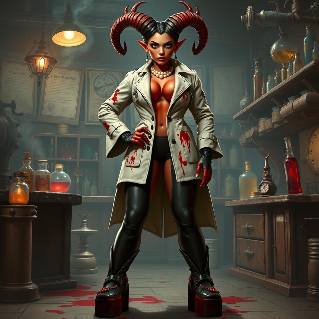 A captivating female tiefling mad scientist with crooked spiral horns stands confidently in her chaotic laboratory