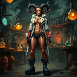 A captivating female tiefling mad scientist with crooked spiral horns stands confidently in her chaotic laboratory