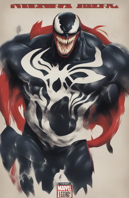 A high-definition digital art image styled as a vintage Marvel Legends poster, featuring Venom, designed to resemble a glossy vinyl record cover