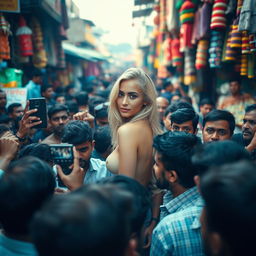 A scene featuring a female model with blonde hair, nude, in a crowded Indian market during the day