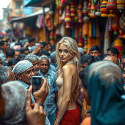 A scene featuring a female model with blonde hair, nude, in a crowded Indian market during the day