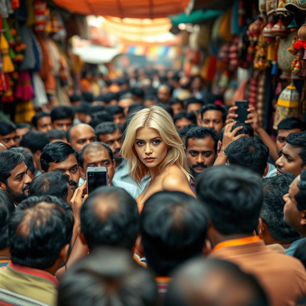 A scene featuring a female model with blonde hair, nude, in a crowded Indian market during the day