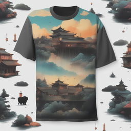 A high-definition photograph of a black T-shirt featuring a detailed print of the bathhouse from Studio Ghibli's Spirited Away, including the character No-Face and a swarm of soot sprites