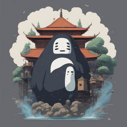 A high-definition photograph of a black T-shirt featuring a detailed print of the bathhouse from Studio Ghibli's Spirited Away, including the character No-Face and a swarm of soot sprites