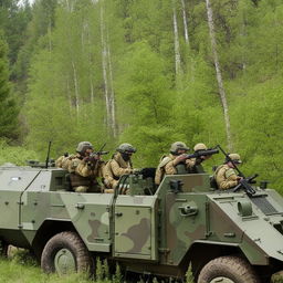 5 combatants in military fatigue, armed with assault rifles, missile launcher and radio in a rugged terrain vehicle