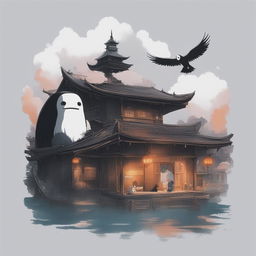 A high-definition photograph of a black T-shirt featuring a detailed print of the bathhouse from Studio Ghibli's Spirited Away, including the character No-Face and a swarm of soot sprites