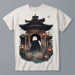 A high-definition photograph of a black T-shirt featuring a detailed print of the bathhouse from Studio Ghibli's Spirited Away, including the character No-Face and a swarm of soot sprites