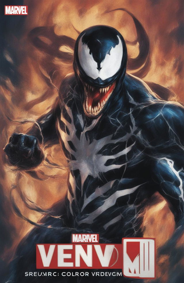 A high-definition digital art image of a vintage Marvel Legends poster featuring Venom, designed to resemble a glossy vinyl record cover