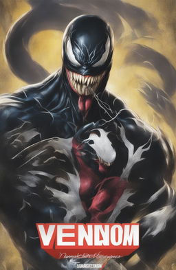 A high-definition digital art image of a vintage Marvel Legends poster featuring Venom, designed to resemble a glossy vinyl record cover